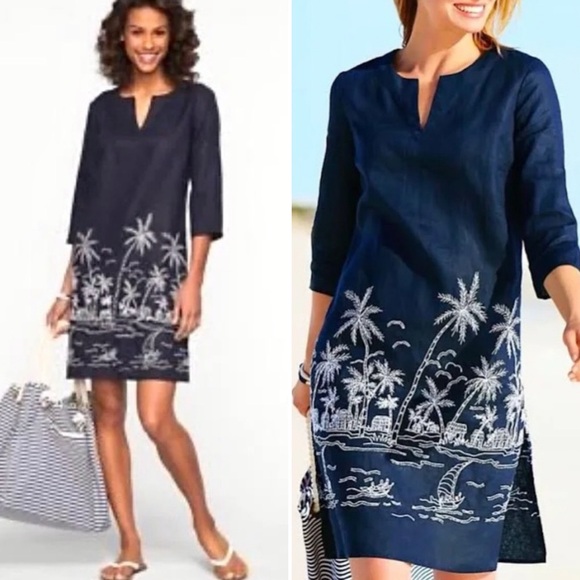 Talbots Dresses & Skirts - TALBOTS Linen Navy & White Embroidered & Beaded Beach Scene Dress Size Small